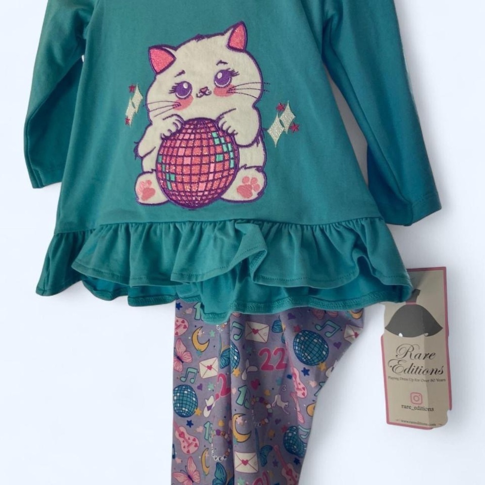 Cute teal baby girl tunic w cat design & matching pants 18M Rare Editions